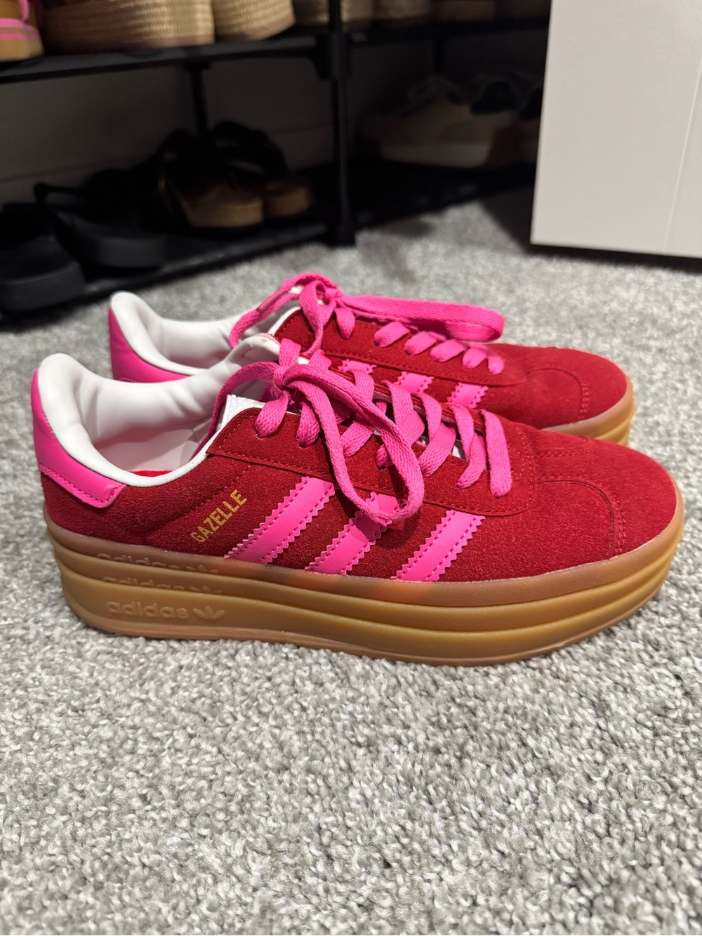 adidas Gazelle Platform Sneakers in Red with Pink Stripes
